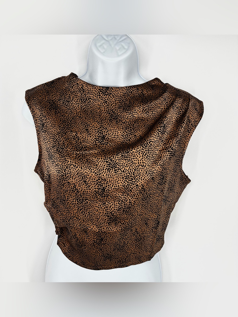 Sincerely Jules Bronze Satin Leopard Cowl Neck Fitted Crop Top S